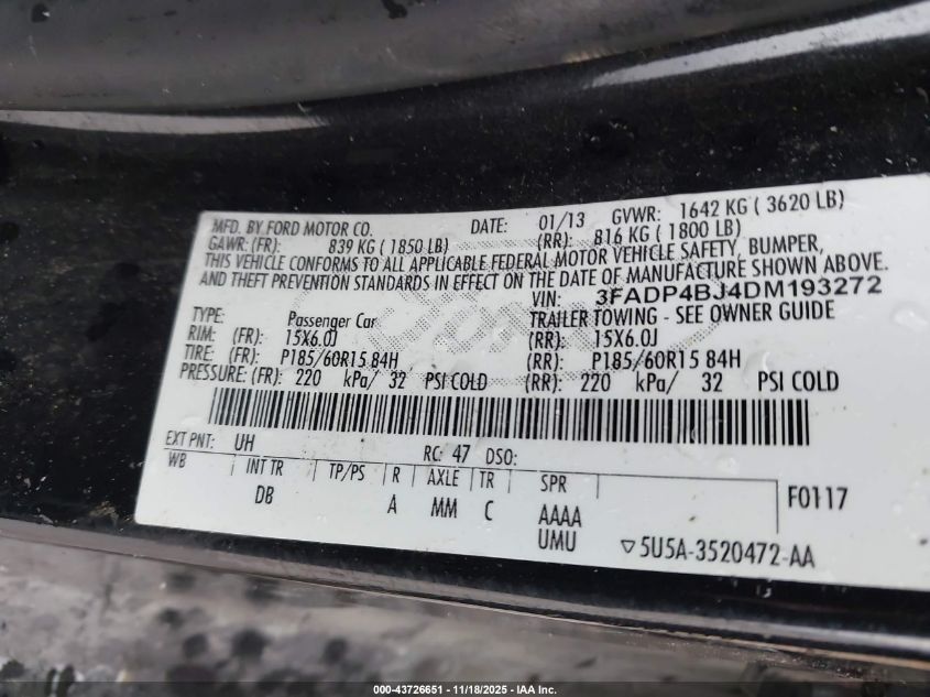 2013 Ford Fiesta Se VIN: 3FADP4BJ4DM193272 Lot: 43726651