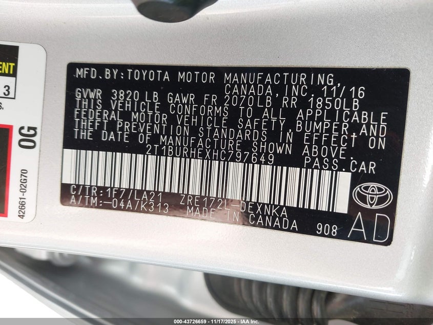 2T1BURHEXHC797649 2017 TOYOTA COROLLA photo no. 9