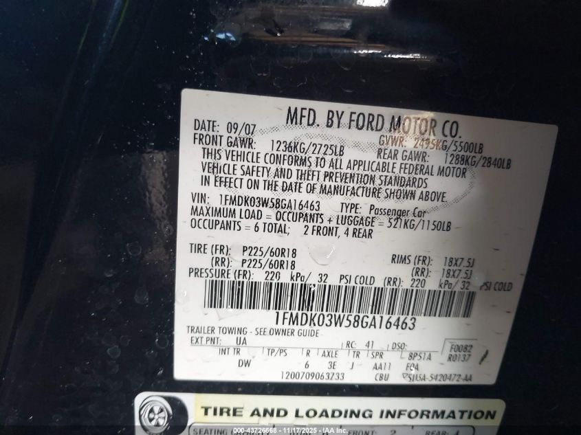 2008 Ford Taurus X Limited VIN: 1FMDK03W58GA16463 Lot: 43726668