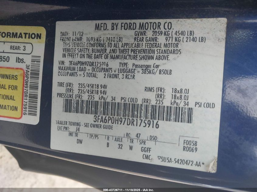 2013 Ford Fusion Se VIN: 3FA6P0H97DR175916 Lot: 43726711