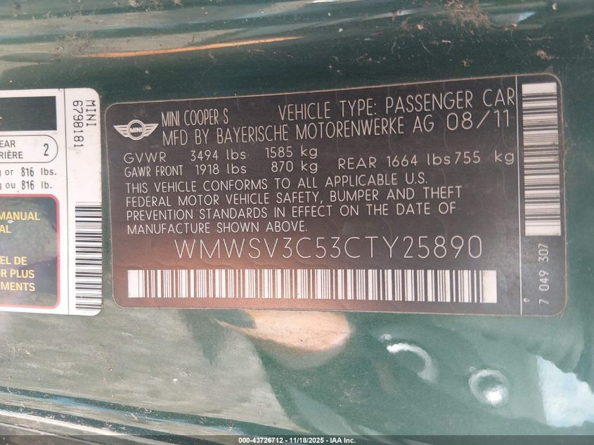 2012 Mini Cooper S VIN: WMWSV3C53CTY25890 Lot: 43726712