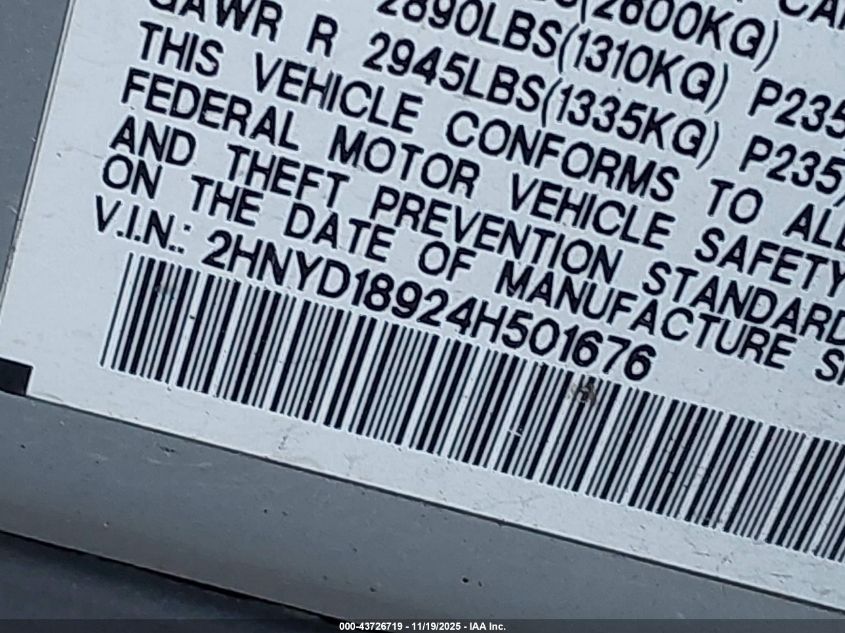 2004 Acura Mdx VIN: 2HNYD18924H501676 Lot: 43726719