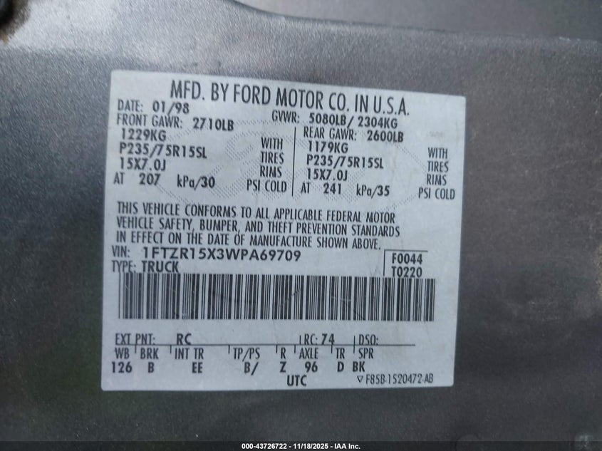 1998 Ford Ranger Splash/Xl/Xlt VIN: 1FTZR15X3WPA69709 Lot: 43726722