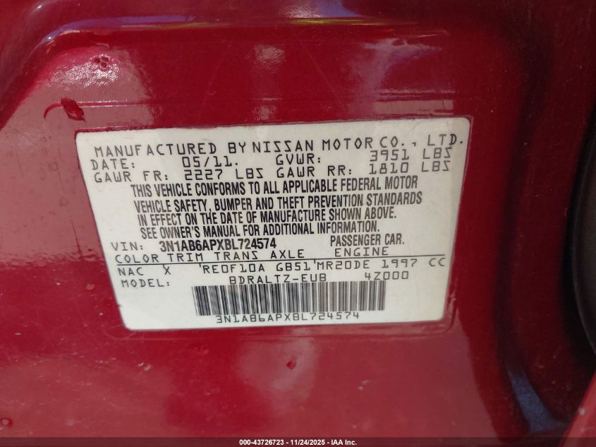 2011 Nissan Sentra 2.0S VIN: 3N1AB6APXBL724574 Lot: 43726723