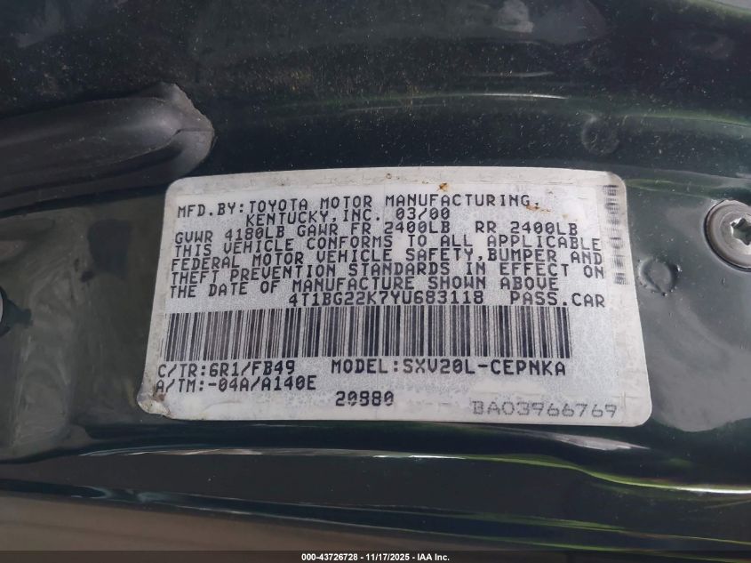 2000 Toyota Camry Le VIN: 4T1BG22K7YU683118 Lot: 43726728