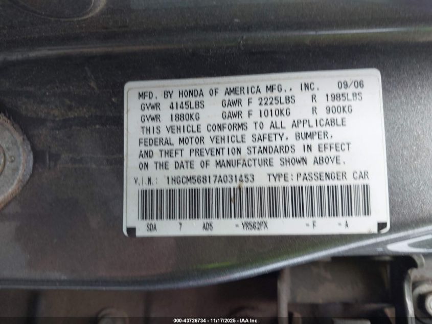 2007 Honda Accord 2.4 Ex VIN: 1HGCM56817A031453 Lot: 43726734