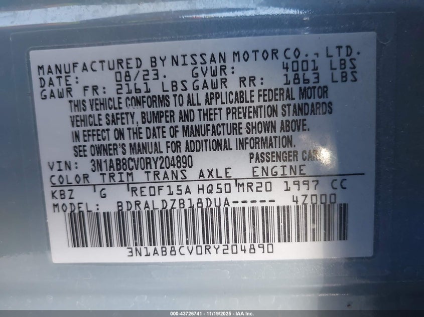 VIN 3N1AB8CV0RY204890 2024 NISSAN SENTRA SV XTRONIC CVT
