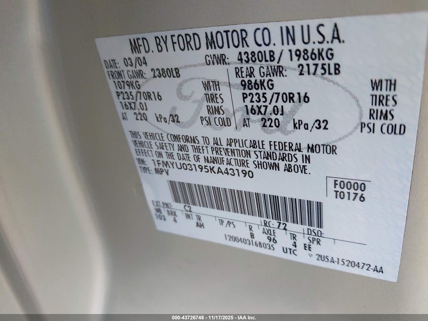 2005 Ford Escape Xlt VIN: 1FMYU03195KA43190 Lot: 43726746