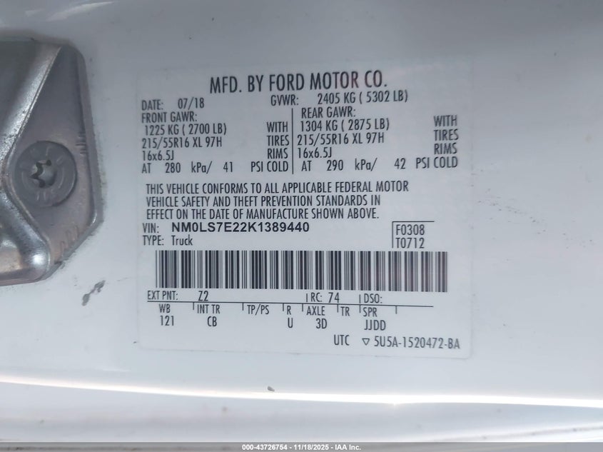 2019 Ford Transit Connect Xl VIN: NM0LS7E22K1389440 Lot: 43726754