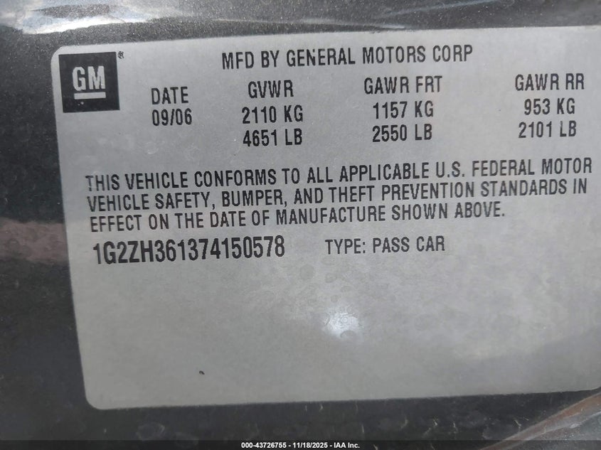 2007 Pontiac G6 Gt VIN: 1G2ZH361374150578 Lot: 43726755