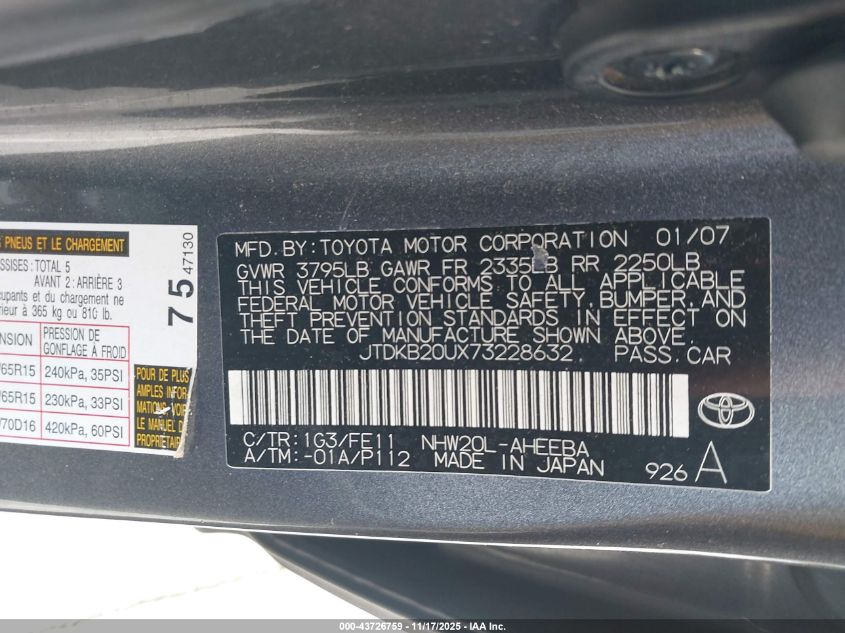 2007 Toyota Prius VIN: JTDKB20UX73228632 Lot: 43726759