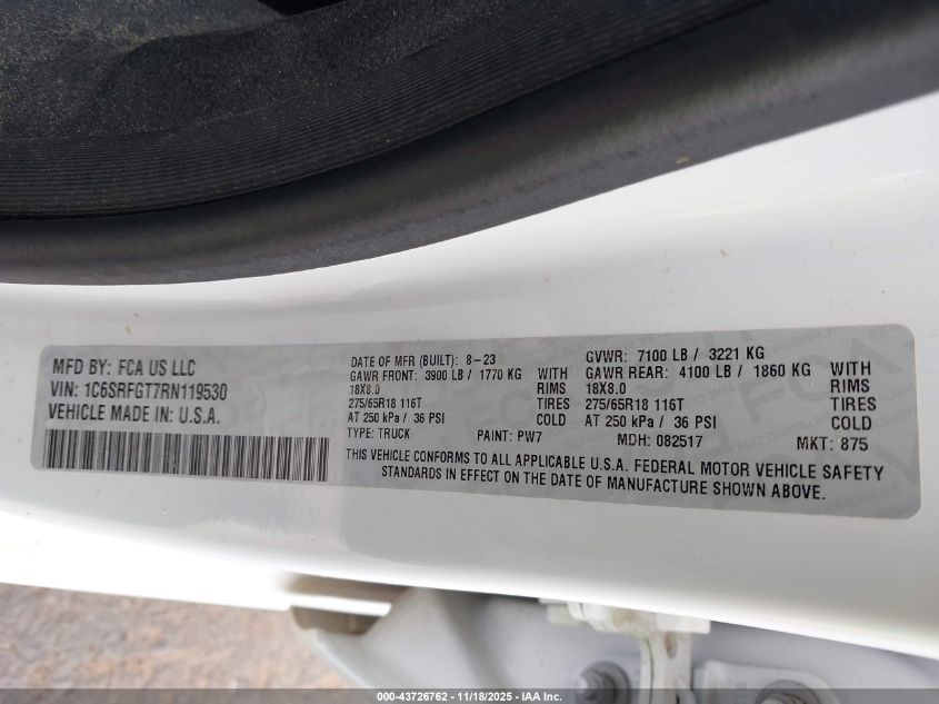 2024 Ram 1500 Tradesman 4X4 5'7 Box VIN: 1C6SRFGT7RN119530 Lot: 43726762