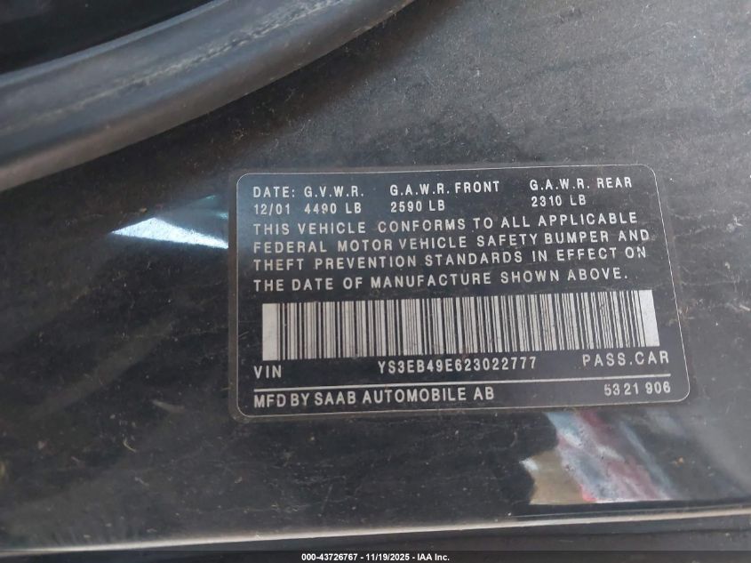 2000 Saab 9-5 2.3T VIN: YS3ED45E3Y3069550 Lot: 43726767