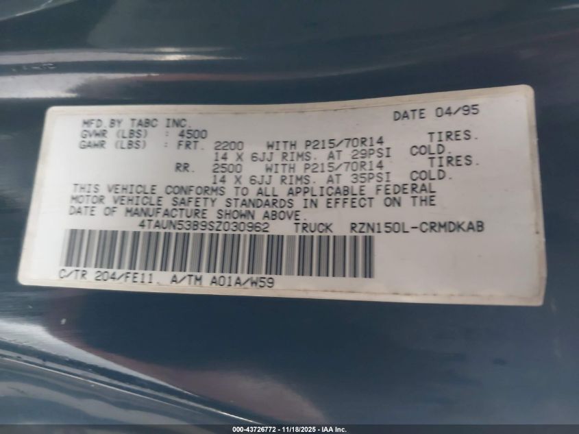 1995 Toyota Tacoma Xtracab VIN: 4TAUN53B9SZ030962 Lot: 43726772