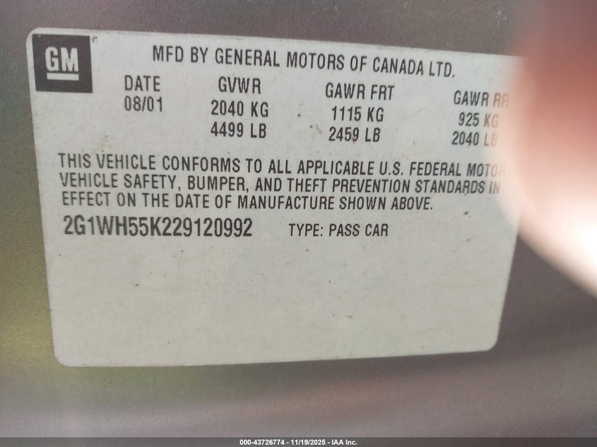 2002 Chevrolet Impala Ls VIN: 2G1WH55K229120992 Lot: 43726774