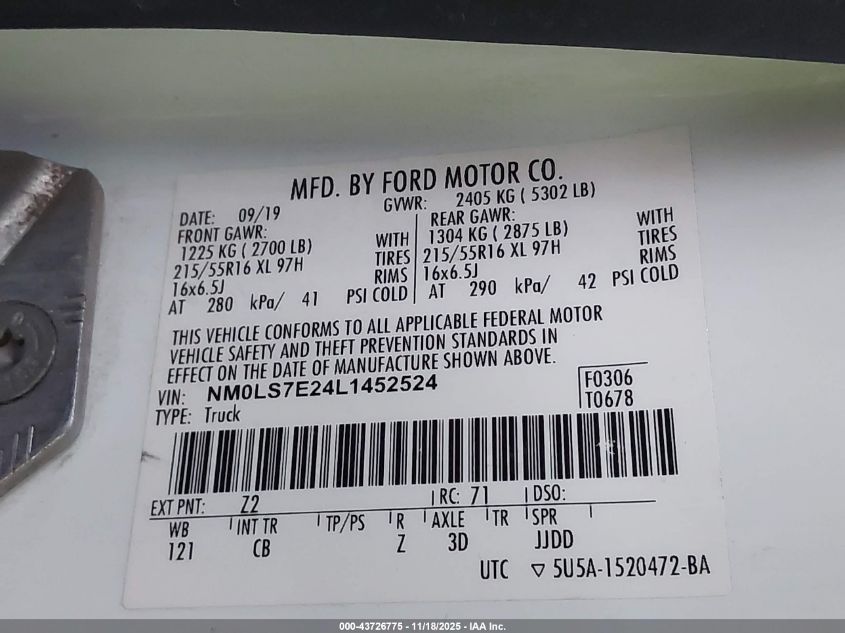 2020 Ford Transit Connect Xl VIN: NM0LS7E24L1452524 Lot: 43726775