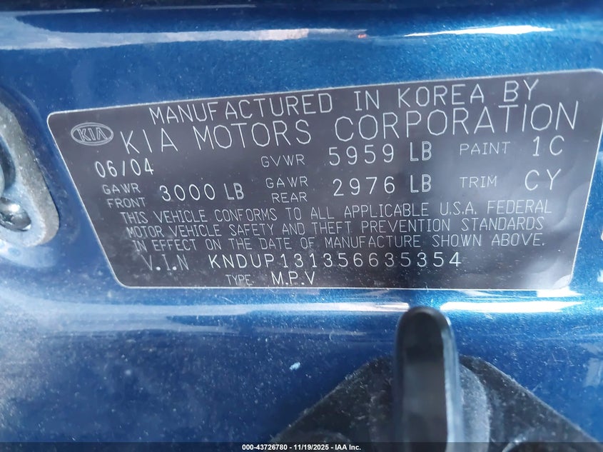 2005 Kia Sedona Ex/Lx VIN: KNDUP131356635354 Lot: 43726780