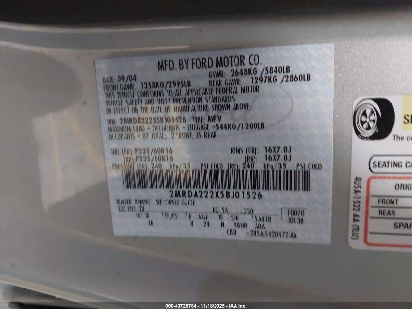 2005 Mercury Monterey Luxury VIN: 2MRDA222X5BJ01526 Lot: 43726784