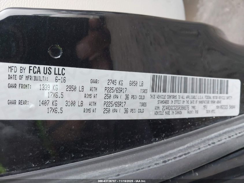 2016 Dodge Grand Caravan Sxt VIN: 2C4RDGCG2GR380276 Lot: 43726787