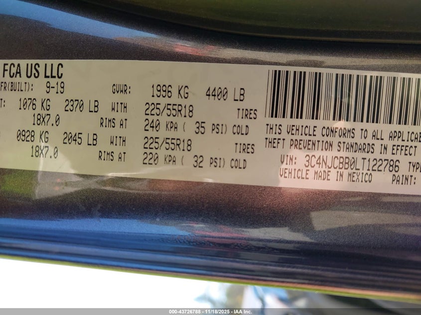 2020 Jeep Compass Altitude Fwd VIN: 3C4NJCBB0LT122786 Lot: 43726788