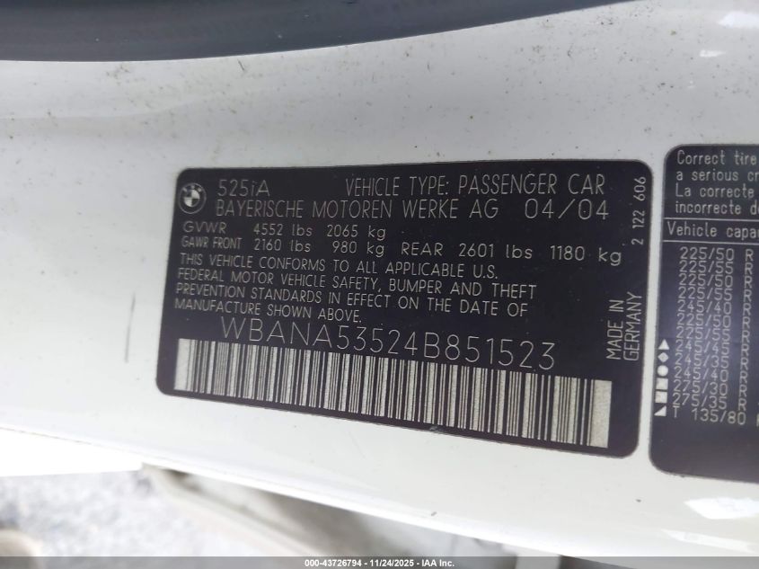 2004 BMW 525I VIN: WBANA53524B851523 Lot: 43726794
