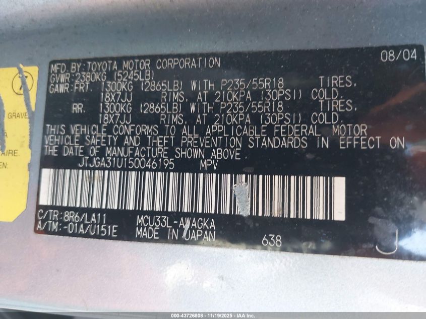 2005 Lexus Rx 330 VIN: JTJGA31U150046195 Lot: 43726808