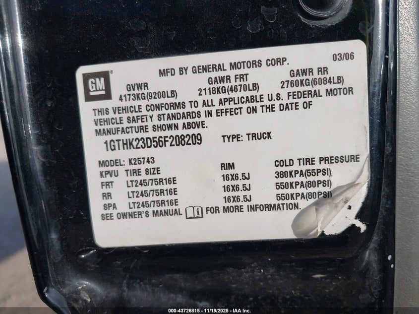 2006 GMC Sierra 2500 VIN: 2GTHK23D56F20B209 Lot: 43726815