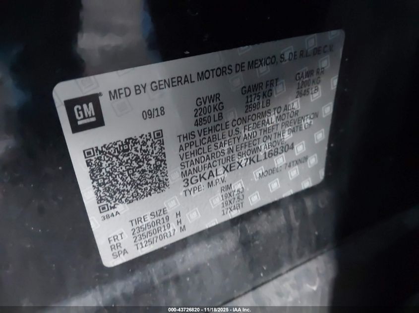 2019 GMC Terrain Denali VIN: 3GKALXEX7KL168304 Lot: 43726820