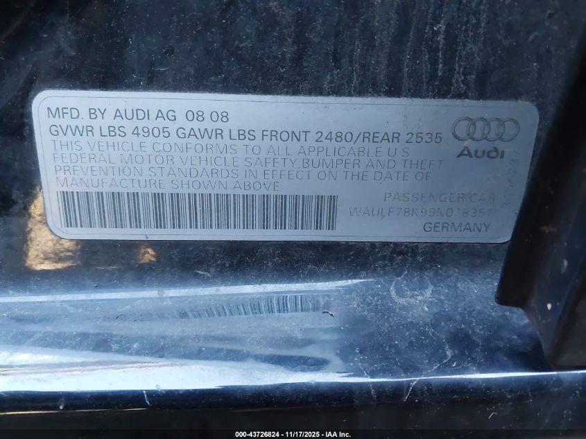 2009 Audi A4 2.0T Premium VIN: WAULF78K99N018357 Lot: 43726824