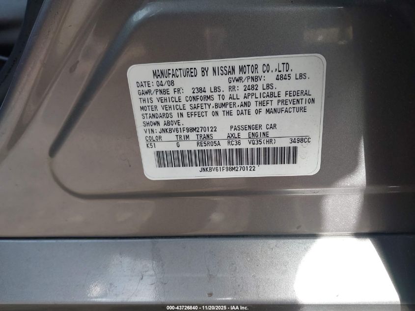 2008 Infiniti G35X VIN: JNKBV61F98M270122 Lot: 43726840