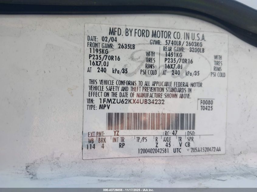 2004 Ford Explorer Xls VIN: 1FMZU62KX4UB34232 Lot: 43726856