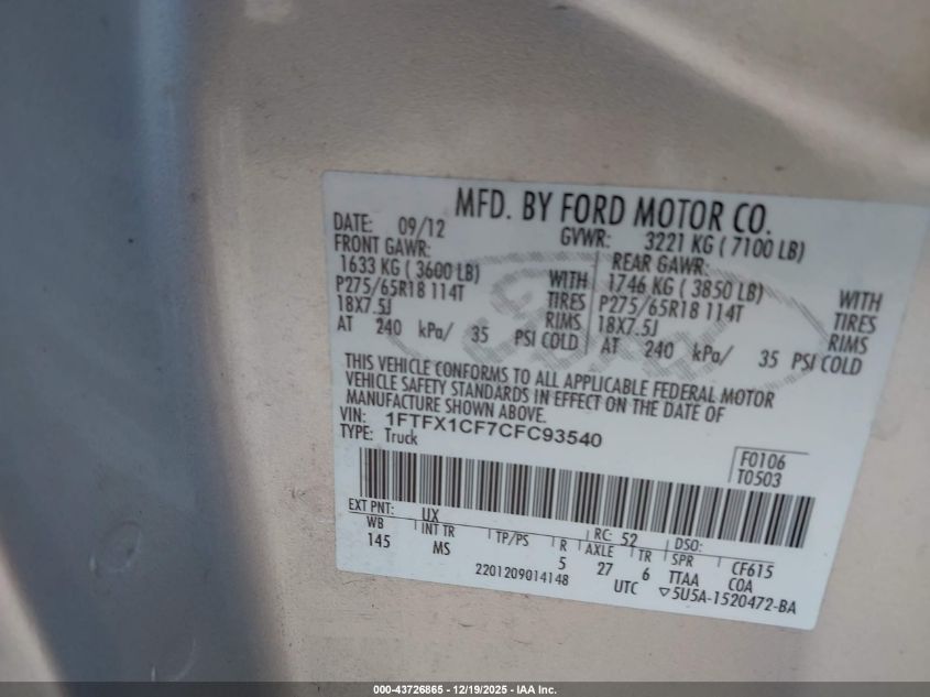 2012 Ford F-150 Xlt VIN: 1FTFX1CF7CFC93540 Lot: 43726865