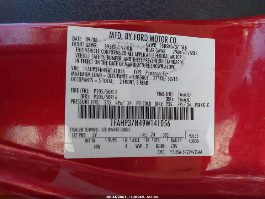 2009 Ford Focus Sel VIN: 1FAHP37N49W141056 Lot: 43726871