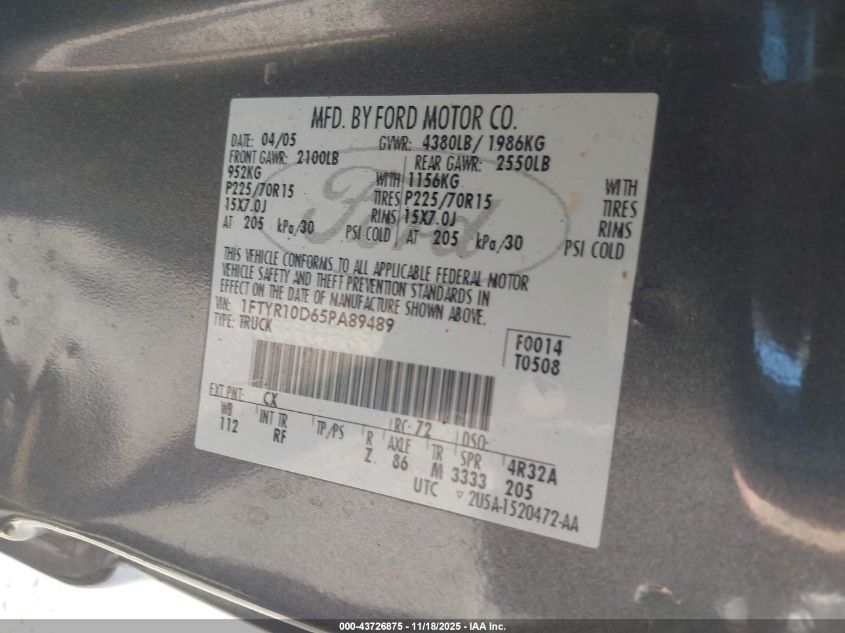 2005 Ford Ranger Xl/Xls/Xlt VIN: 1FTYR10D65PA89489 Lot: 43726875