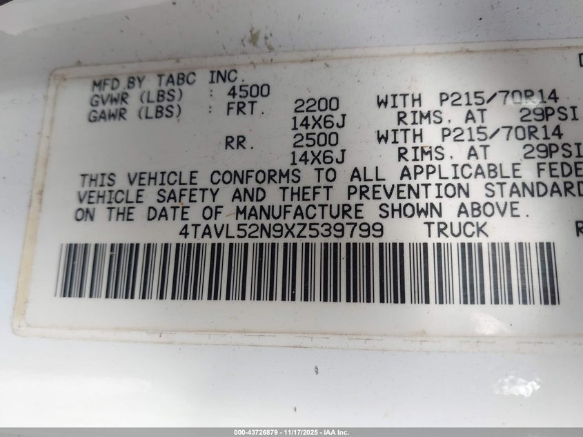 1999 Toyota Tacoma VIN: 4TAVL52N9XZ539799 Lot: 43726879