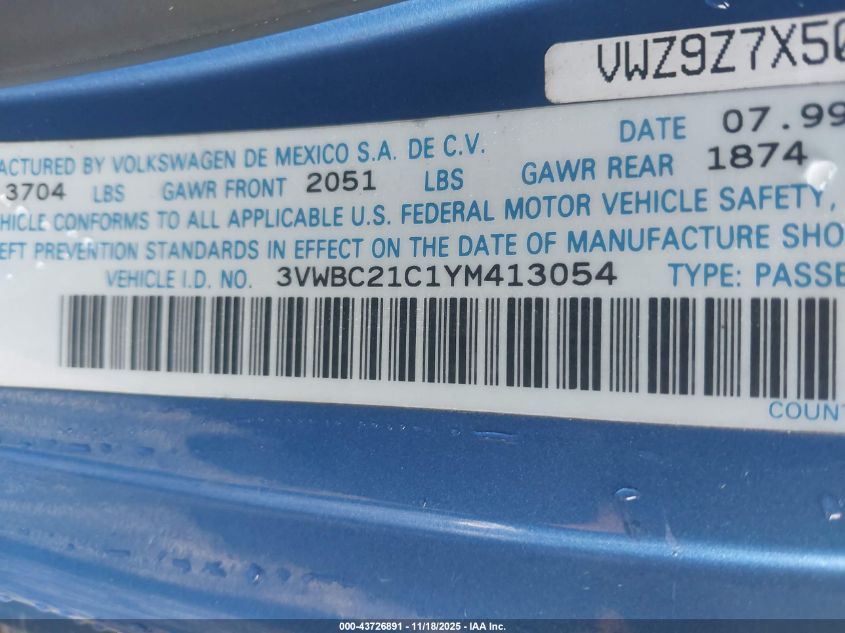 2000 Volkswagen New Beetle Gl VIN: 3VWBC21C1YM413054 Lot: 43726891