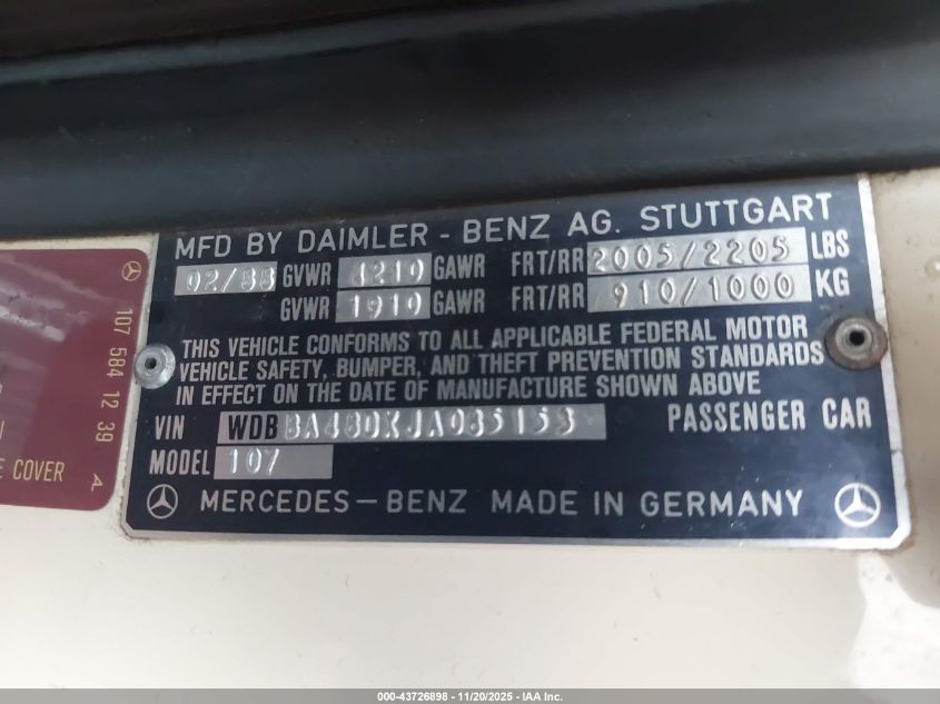 1988 Mercedes-Benz 560 Sl VIN: WDBBA48DXJA085153 Lot: 43726898