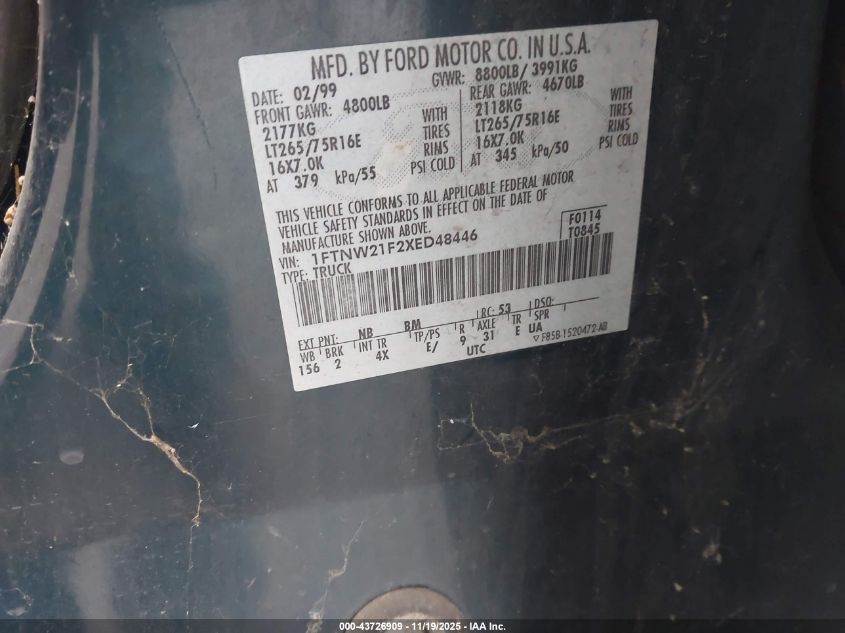 1999 Ford F-250 Lariat/Xl/Xlt VIN: 1FTNW21F2XED48446 Lot: 43726909