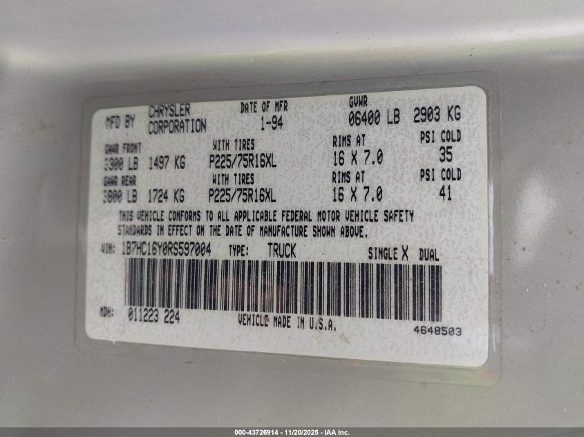1994 Dodge Ram 1500 VIN: 1B7HC16Y0RS597004 Lot: 43726914