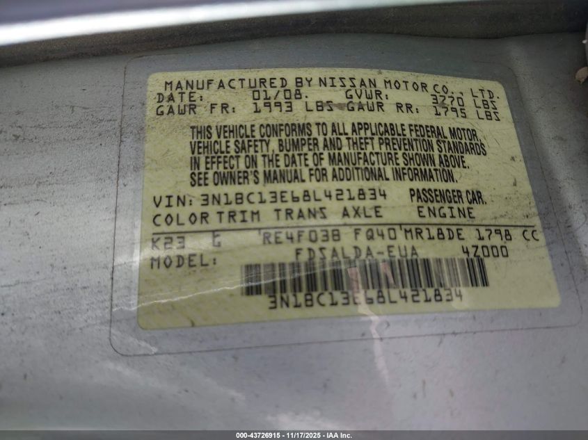 2008 Nissan Versa 1.8S VIN: 3N1BC13E68L421834 Lot: 43726915