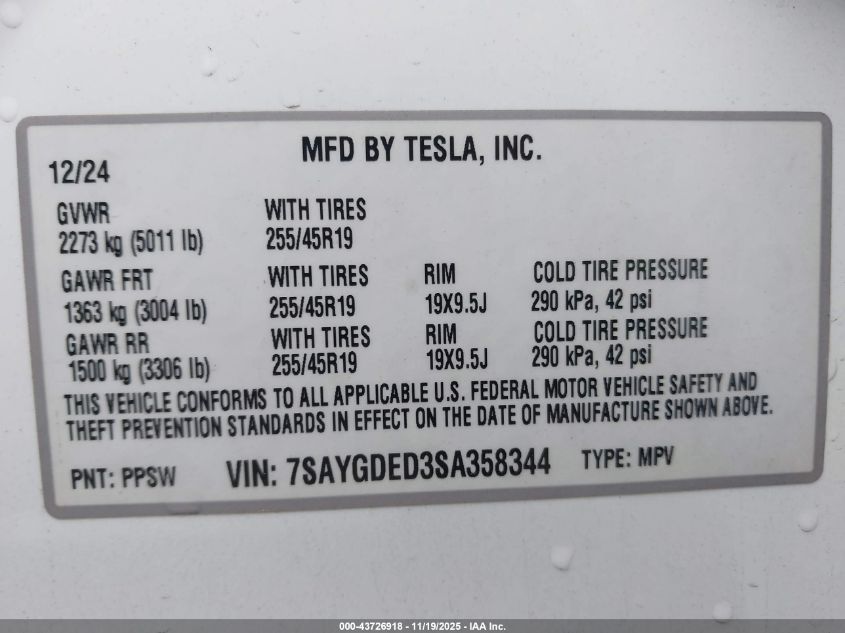 2025 Tesla Model Y Long Range Dual Motor Rear-Wheel Drive VIN: 7SAYGDED3SA358344 Lot: 43726918