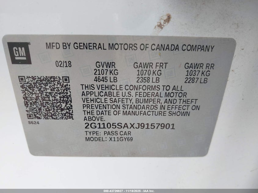 2G1105SAXJ9157901 2018 CHEVROLET IMPALA photo no. 9