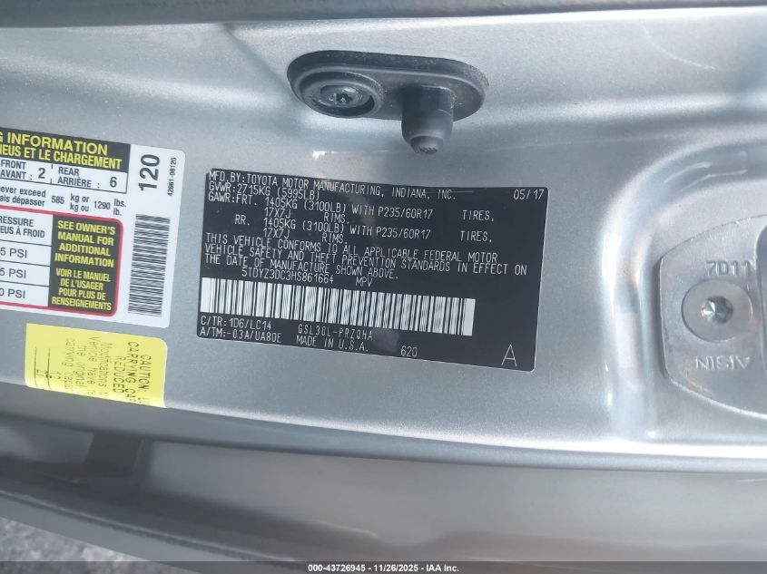 2017 Toyota Sienna Xle Premium 8 Passenger VIN: 5TDYZ3DC3HS861664 Lot: 43726945