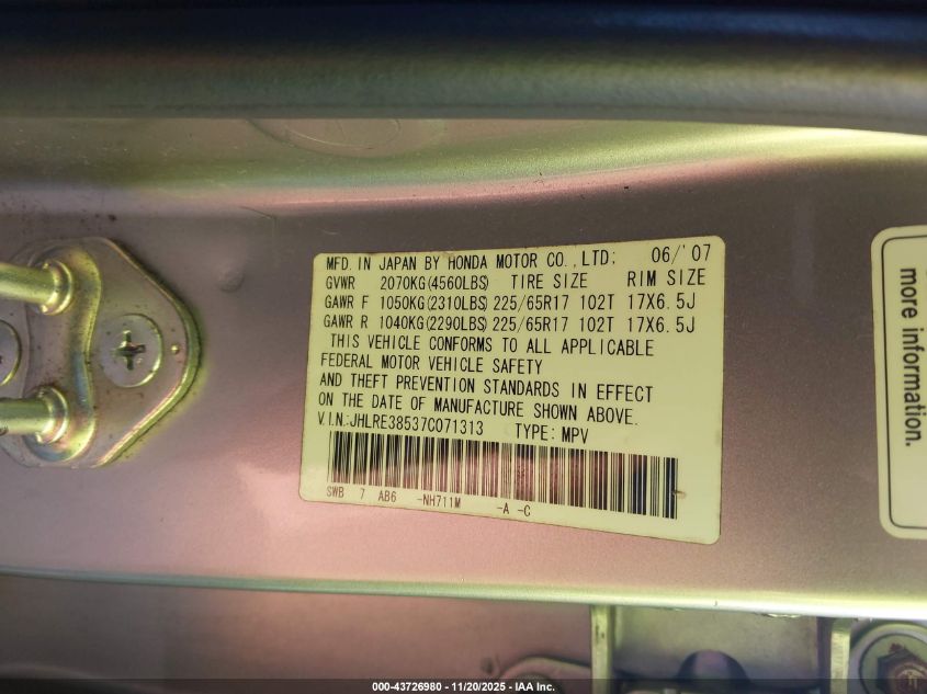 2007 Honda Cr-V Ex VIN: JHLRE38537C071313 Lot: 43726980