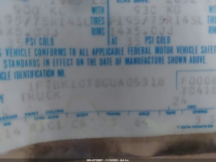 1986 Ford Ranger VIN: 1FTBR10T8GUA05318 Lot: 43726987