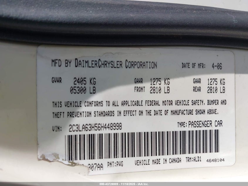 2006 Chrysler 300C VIN: 2C3LA63H56H448998 Lot: 43726989