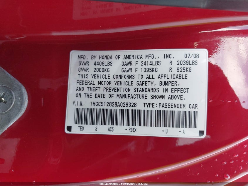 1HGCS12828A029328 2008 HONDA ACCORD photo no. 9