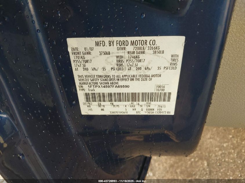 2007 Ford F-150 Fx4/Lariat/Xl/Xlt VIN: 1FTPX14597FA69590 Lot: 43726993