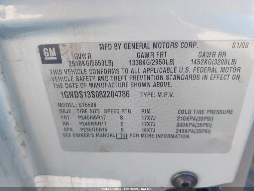 2008 Chevrolet Trailblazer Fleet VIN: 1GNDS13S082204786 Lot: 43726995