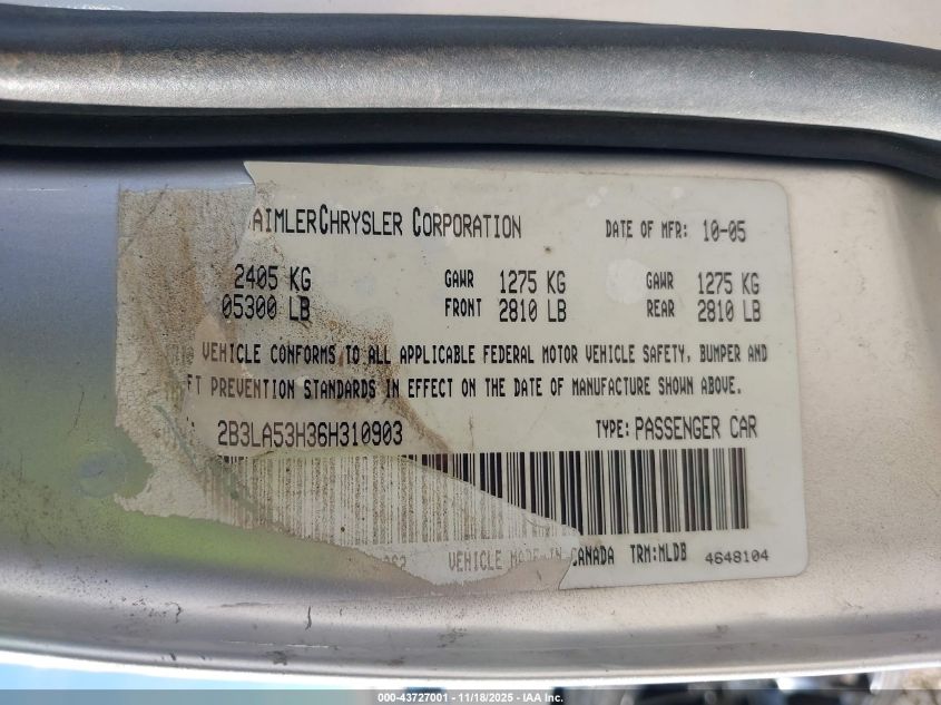 2006 Dodge Charger Rt VIN: 2B3LA53H36H310903 Lot: 43727001